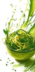 Zucchini noodles in a green bowl with artistic green splashes, all against a white background