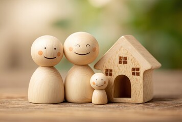 Wooden figures depict a family of three beside a small wooden house, set on a textured wood surface
