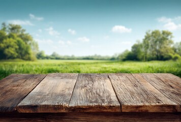 Aged, weathered wooden table stands before a lush green meadow and blurred trees against a bright, sunny sky. Warm tones, serene vibe