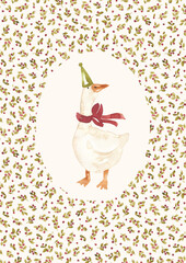 Christmas card with goose and mistletoe. Hand drawn with watercolor. Retro styled xmas card