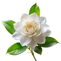 Fototapeta premium A single white gardenia flower with green leaves, isolated on transparent background, showcasing its elegance and fragrance