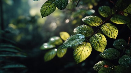 Refreshing Raindrops: A Close-Up View of Dew-Kissed Leaves in a Forest