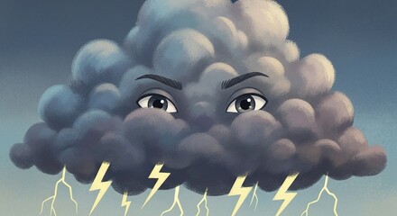 Fierce storm cloud with intense eyes and lightning strikes warns of impending powerful weather changes