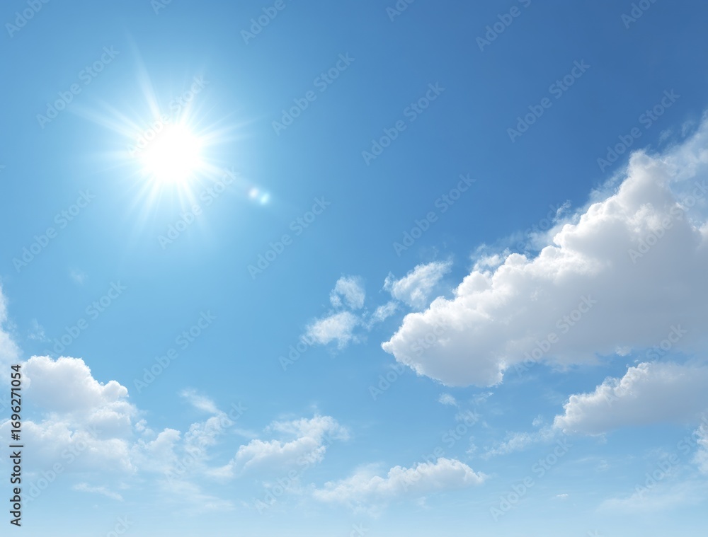 Wall mural azure sky punctuated by radiant sun and scattered cottony clouds, creating serene, airy atmosphere i