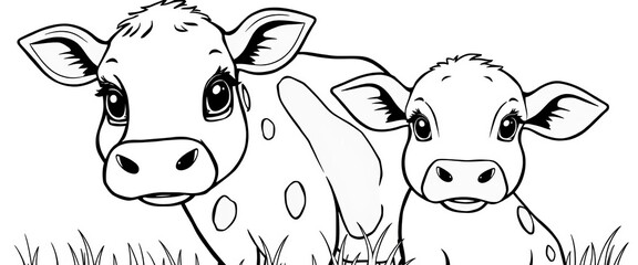 Cute cow and calf, black and white line art, Mother's Day coloring page,  farm,  silhouette