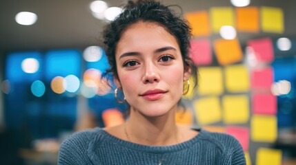 Young hispanic woman manager in corporate office portrait image. Latin female entrepreneur expressing confidence photography human scene. Business career concept photo-realistic