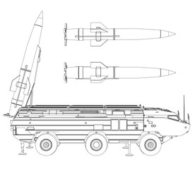 Military vehicle with missile launcher on truck chassis, detailed black and white contour drawing against clean white background.