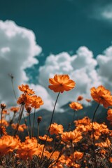 Close-up of orange cosmos flowers in a field under a bright, partly cloudy sky with distant mountains fading into the horizon