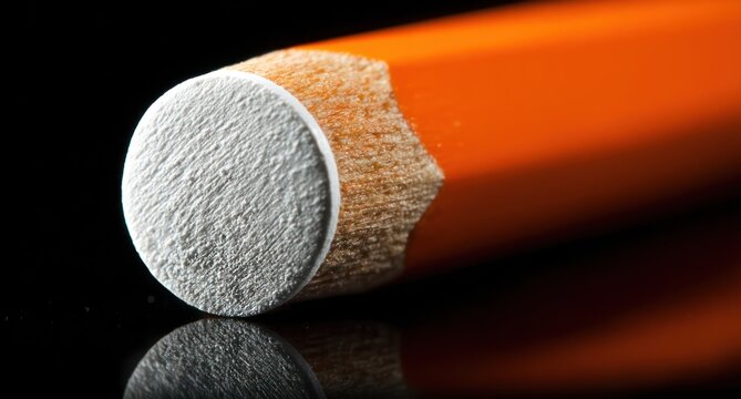 Close-up of a freshly sharpened orange pencil tip showing wood grain against a reflective black surface