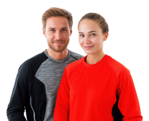 Athleisure fit couple wearing modern sportswear image isolated transparent. Athletic duo caucasian in comfortable activewear cut out photo png. Functional clothing cutout photography