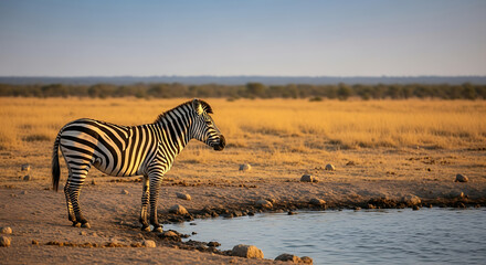 Zebra at watering hole in african savanna