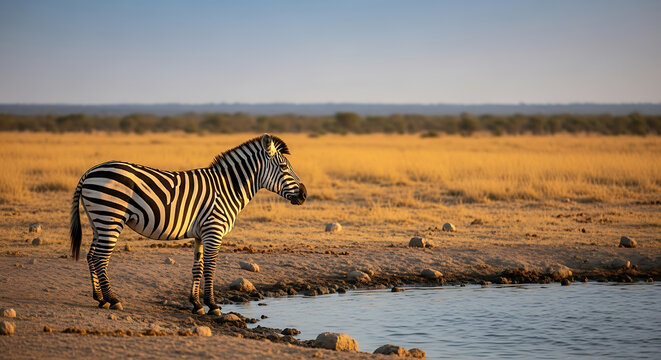 Zebra at watering hole in african savanna