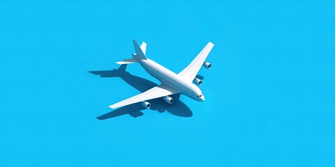 3D render of a simple white airplane flying on a blue background, in an isometric view, with a minimalistic style