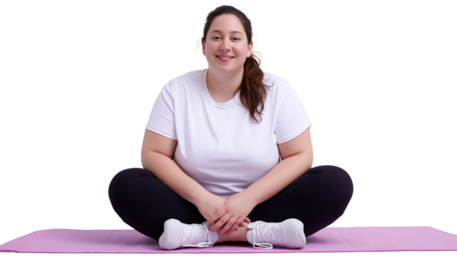 Positive plus size woman sitting calmly on yoga mat image isolated transparent. Cross legged curvy female cut out photo png. Wellness routine. Body positivity cutout photography
