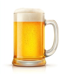 Tall glass beer mug filled with golden liquid and white foam, standing on a reflective surface, isolated on white