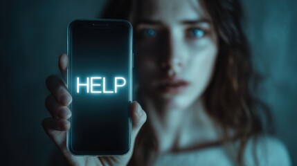 Woman holding smartphone with glowing help message symbolizing distress and emergency