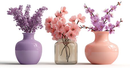 3D rendering of three vases with spring flowers in pink, purple, and lilac colors