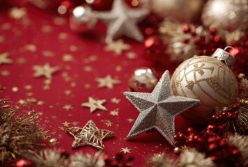 a red background with gold and silver decorations, featuring stars, Christmas ornaments, lights, and garlands