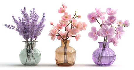 3D rendering of three vases with spring flowers in pink, purple, and lilac colors