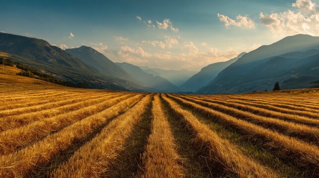Golden wheat field stretches towards distant mountains under a bright, cloudy sky at sunset
