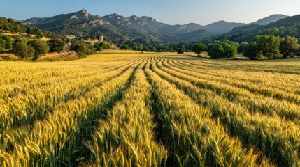 Golden wheat field stretching towards distant mountains beneath a clear blue sky, bathed in warm sunlight