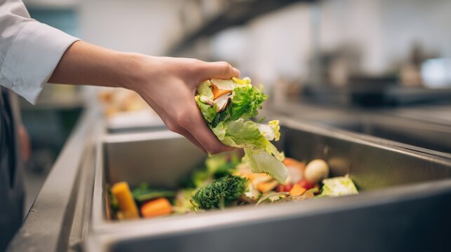 Chef hand throwing fresh vegetables into food waste bin concept of sustainability loss