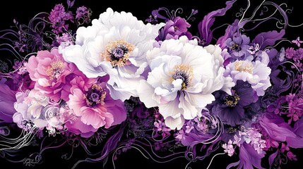   A painting of purple and white flowers on a black background, with swirls and swirls in the center