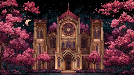 Ornate church with rose windows flanked by flowering trees under a night sky with a crescent moon in a digital painting