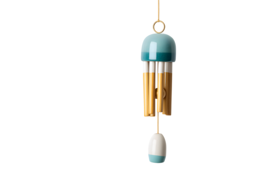 Elegant wind chime with gold finish isolated on white background