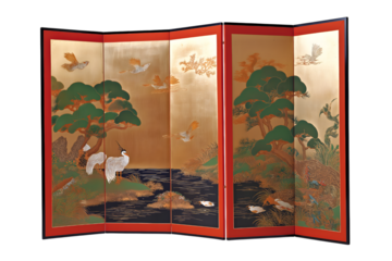 japanese screen with gold painting of bird flying and landscapes