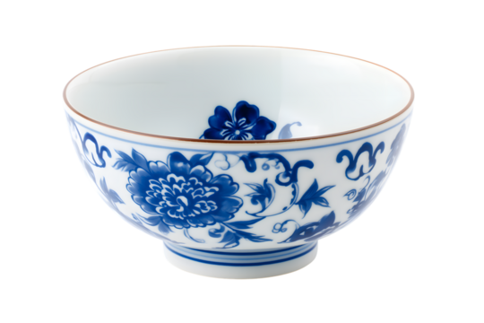 elegant porcelain bowl adorned with intricate blue floral patterns isolated on white background