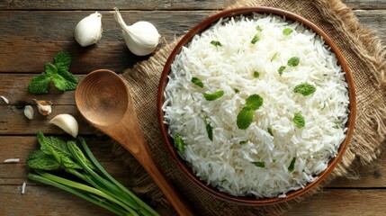 Steaming white rice, aromatic mint, garlic, and a wooden spoon lie on rustic burlap and wooden table