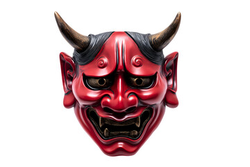 Japanese demon mask with sharp horns and sinister expression isolated on white background