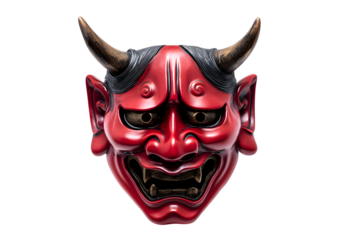 Japanese demon mask with sharp horns and sinister expression isolated on white background