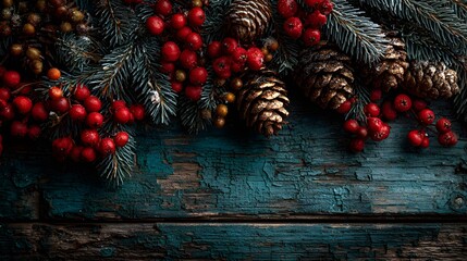 Festive Christmas flat lay with a top border of green pine branches, frosted pinecones, and red berries over a rustic, weathered teal wood plank.