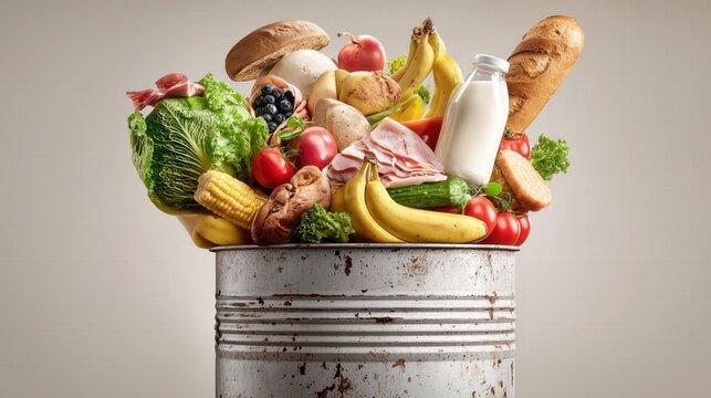 Trash bin overflowing with fresh food bread fruit vegetables and milk symbolizing waste - Powered by Adobe