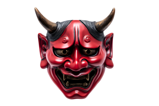Japanese demon mask with sharp horns and sinister expression isolated on white background