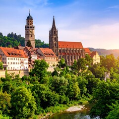 Obraz premium Medieval European town with cathedral and clock tower, nestled in a valley, vibrant colors