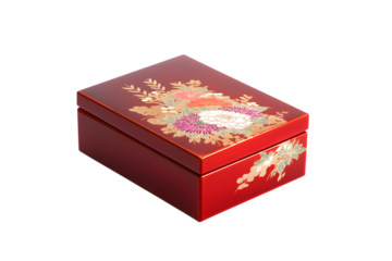 Elegant red lacquered jewelry box with floral design isolated on white background