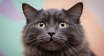 Captivating fluffy grey cat with striking yellow eyes gazes intently, creating an irresistible portrait of feline charm and curiosity.