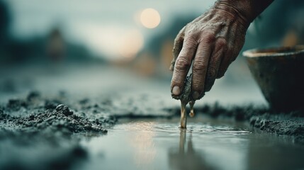 Obraz premium A rough, weathered hand gently touches a puddle, disturbing its surface. Soft light and muted tones create a sense of quiet reflection