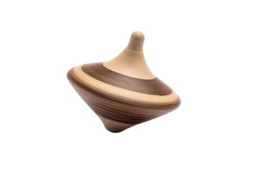 wooden spinning top in mid-spin motion isolated on white background
