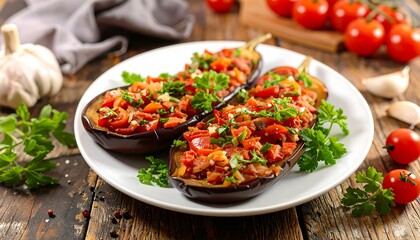 Stuffed eggplant halves on a plate, garnished with herbs