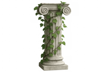 Ionic column with climbing plants on transparent background