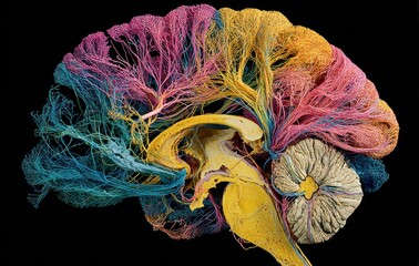 Colorful, anatomical brain section with flowing nerve structures against a solid black background