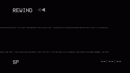 Animation of a vertical VHS tape rewinding on analog TV, showing REWIND text with static noise, visual glitches, artifacts, and imperfections over a black background. - Powered by Adobe