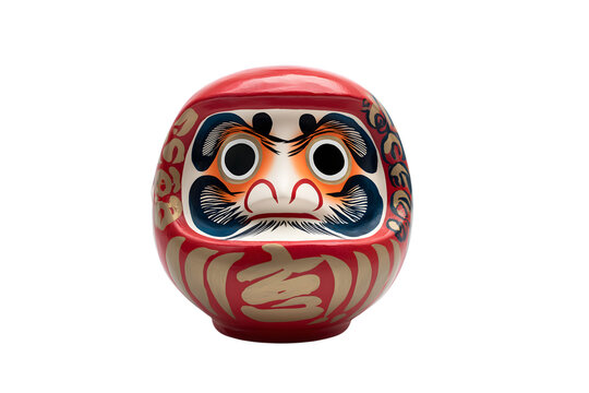 Daruma doll displaying resilience and determination isolated on white background