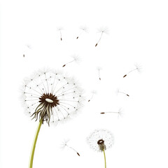 Dandelion seeds blowing in the wind on a white background.