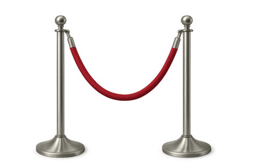 Silver stanchions with red rope barrier on transparent background