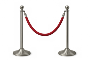 Silver stanchions with red rope barrier on transparent background